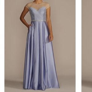 NWT Soft Blue Satin Dress with Sheer Embellished Top